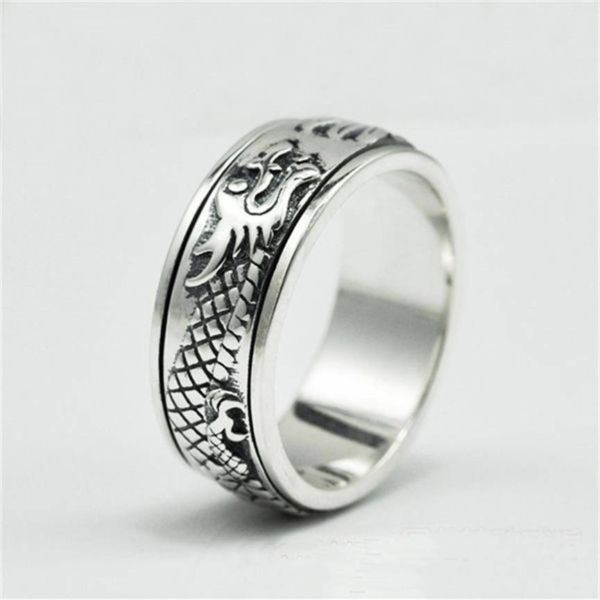 REAL PURE 925 Sterling Silver Dragon Rings for Men Rotertable Transfer Luck Vintage Punk Retro Style Anel Masculino Aneis Y1124242W