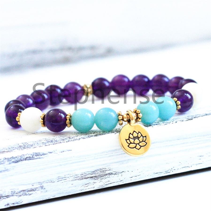 MG0697 8 mm Aquamarine Amethyst Armband Natural Moonstone Gemstone Energy Armband Ny design Kvinnors chakra yoga mala armband308f