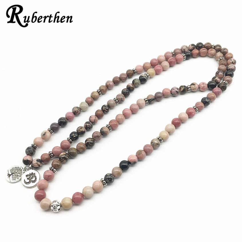 Ruberthen 2018 natürliches schwarzes Ader-Rhodonit-Armband, Baum des Lebens, Ohm-Charm, heilende Perlen für Frauen J1907223131