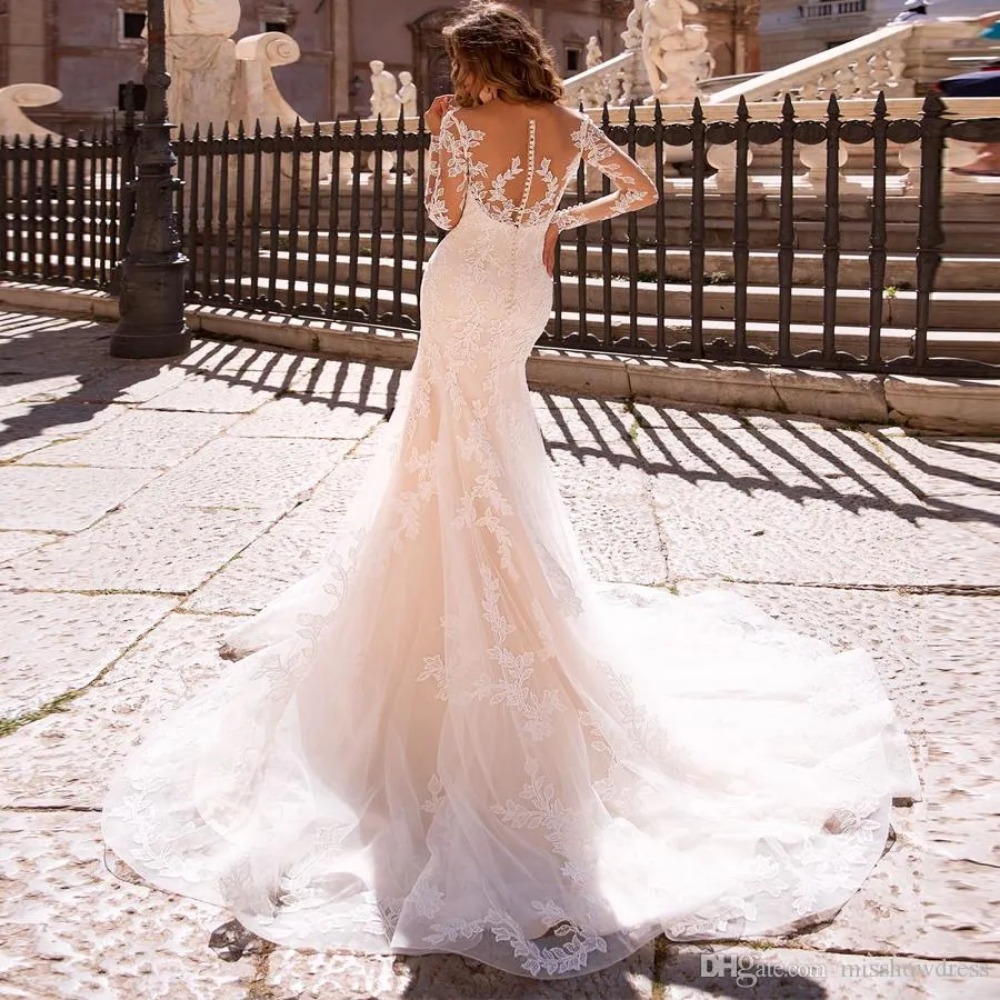 Superbe robe de mariée sirène en dentelle blanche sexy, haut en maille transparente, manches longues, avec jupe détachable, 2024