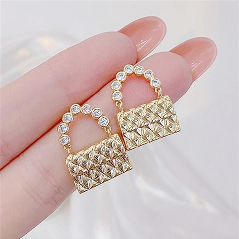 Stud Prachtige 14K Real Gold Kleine Handtas Vrouwen Oorbel Zirkoon Charm Oorbellen Bruiloft Sieraden Bijoux Voor Bruids Gift2940