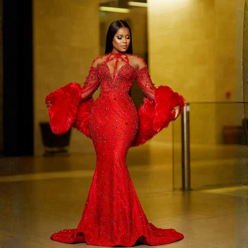 Shine Afrikaans Arabisch Aso Ebi Galajurken voor speciale gelegenheden Rood Lange mouwen Zeemeermin Avondjurken Elegante formele verjaardagsfeestjurk Verlovingsjurk NL159