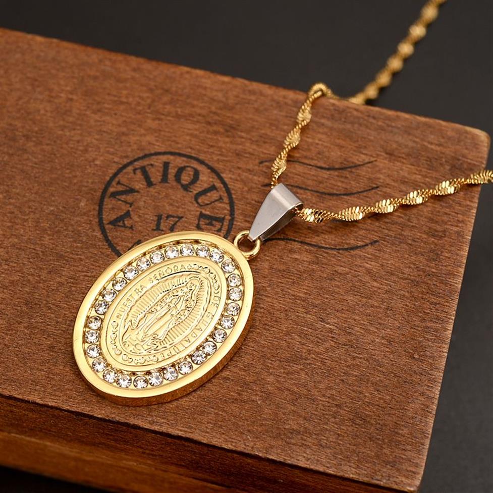 Colar de declaração de jóias religiosas punk feminino acessórios masculinos 14k fino sólido amarelo ouro gf correntes virgem maria cristal cz pendan189h