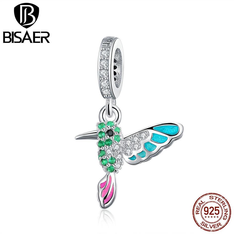 BISAER 925 Sterling Silver Hummingbird Bird Color CZ Charms Animal Beads fit Bracelet Beads for Silver 925 Jewelry Making ECC991 Q311v