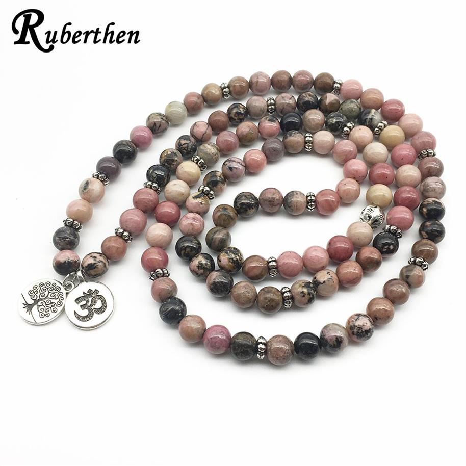 Ruberthen 2018 natürliches schwarzes Ader-Rhodonit-Armband, Baum des Lebens, Ohm-Charm, heilende Perlen für Frauen J1907223131