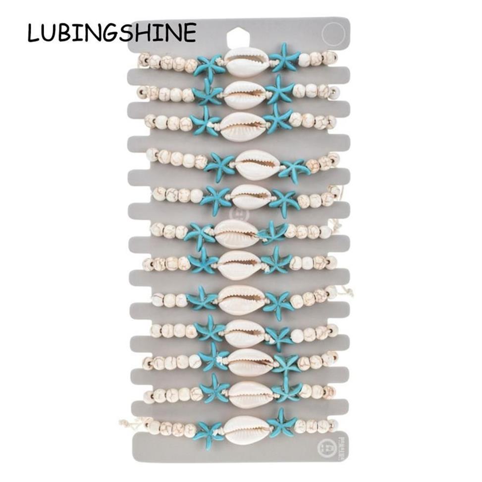 12 pièces ensemble pierre naturelle coquille étoile de mer bracelet à breloques Bracelets femmes tressé réglable chaîne bracelets de cheville Bracelet bijoux 237H