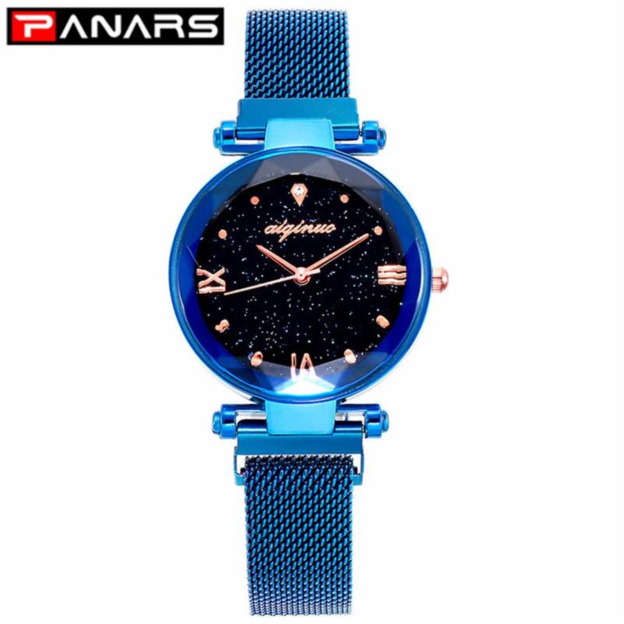 PANARS, relojes de cuarzo de lujo a la moda para mujer, correa magnética, reloj de pulsera de cuarzo informal de negocios estrellado para mujer, nuevo Blue3048