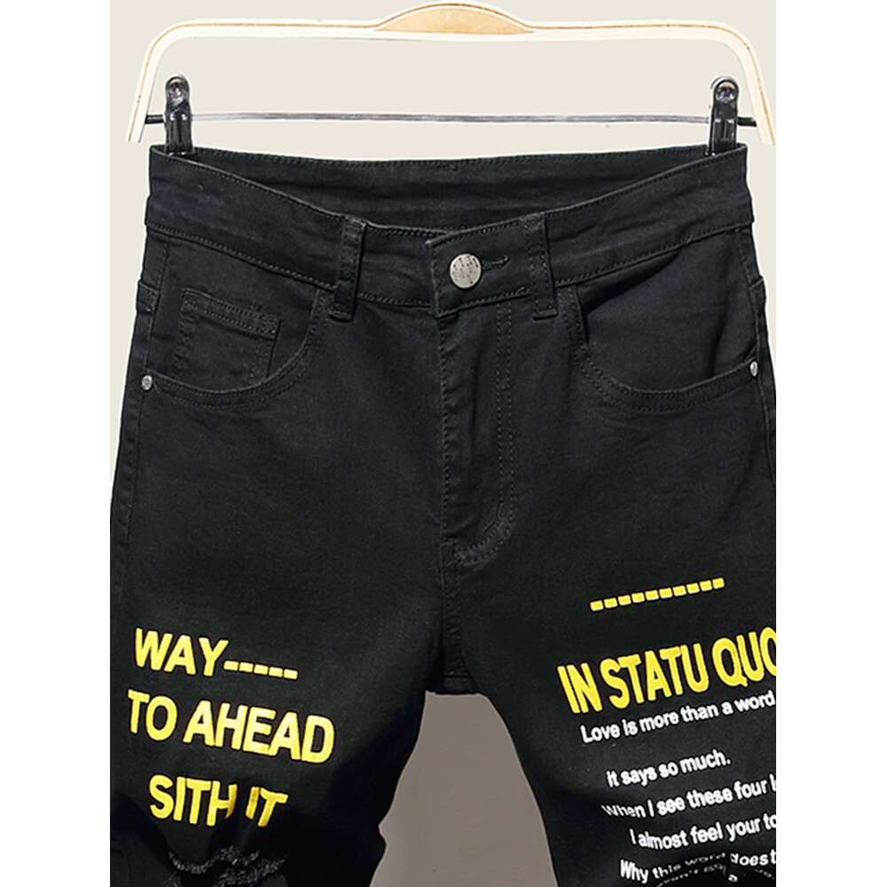 Stretchy rasgado magro para homens motociclista carta impressão dos desenhos animados buraco destruído fino ajuste denim hip hop preto jeans