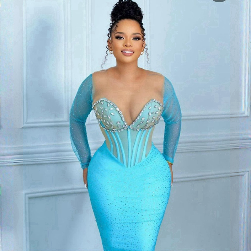 Iceblue Elegant Evening Dresses Illusion Mermaid Long Sleeves Sequin Lace Promdress Prom Dresses for Special Occasions Birthday Party Gowns Engagement Gown NL171