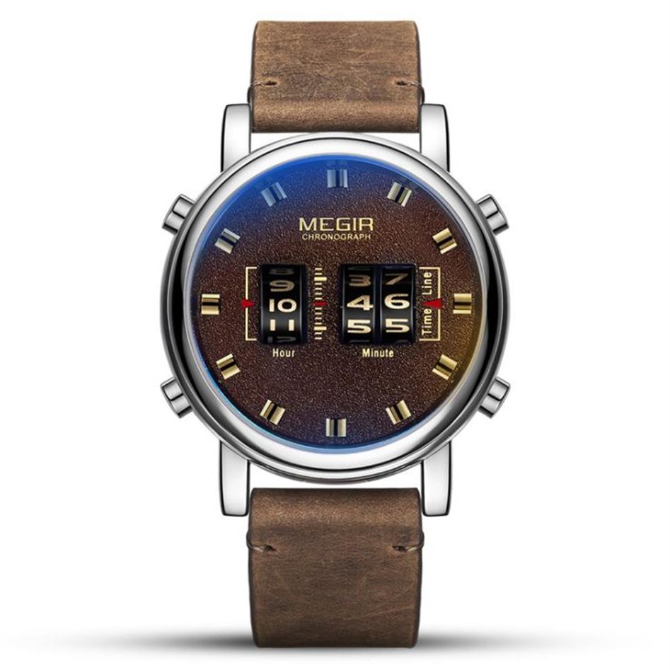 Megir personalidade design criativo rolo masculino relógio clássico pulseira de couro atmosfera fosco dial wearproof vidro cristal mineral 263g