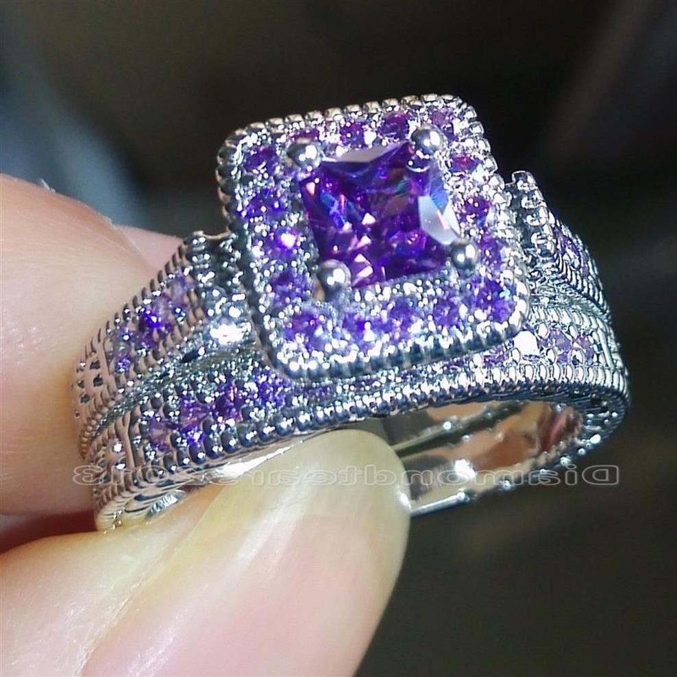 Size 5-10 Vintage Jewelry Princess cut Amethyst Simulated Diamond CZ Wedding Gemstones Engagement Bridal Rings set for Women love 185n