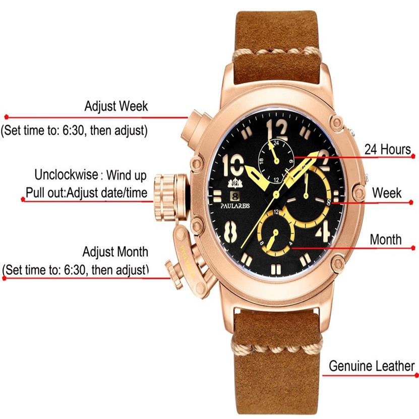 Hommes Automatique Auto Vent Mécanique Véritable Cuir Marron Multifonction Date Bateau Mois Lumineux Limité Or Rose Bronze U Montre L272M