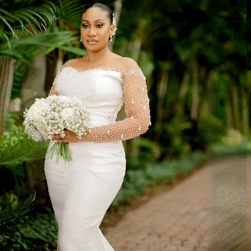 Плюс размер иллюзия труба Свадебное платье для невесты Русалка Асо Эби Шир шея с длинными рукавами с бисером свадебных платья для брака в африканском страновом стиле CDW180