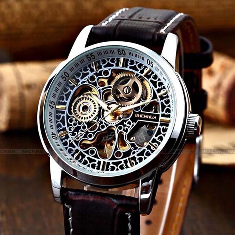 Shenhua Fashion Vintage Horloge Mannen Skeleton Horloges Lederen Band Automatische Mechanische Horloges Relogio Masculino Reloj Hombre263K