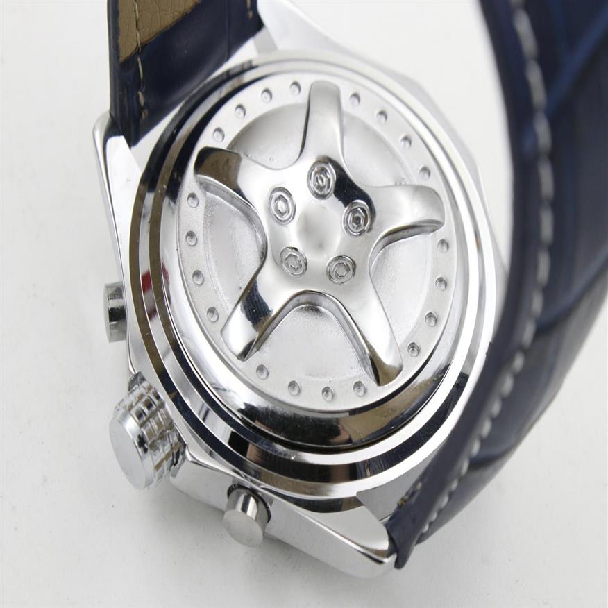 양질의 1884 날짜 자동 기계 남성 시계 Leatcher Blue Dial Wristwatch 남자 시계 버클 6 핀 Multi-Functio295f