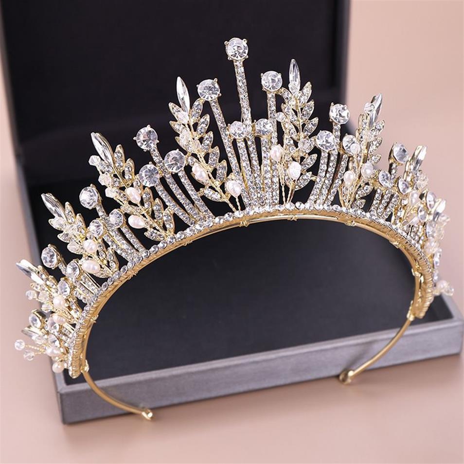 KMVEXO Barocco di lusso da sposa in cristallo foglia corone principessa regina spettacolo prom perla velo diademi fascia accessori capelli da sposa T2874