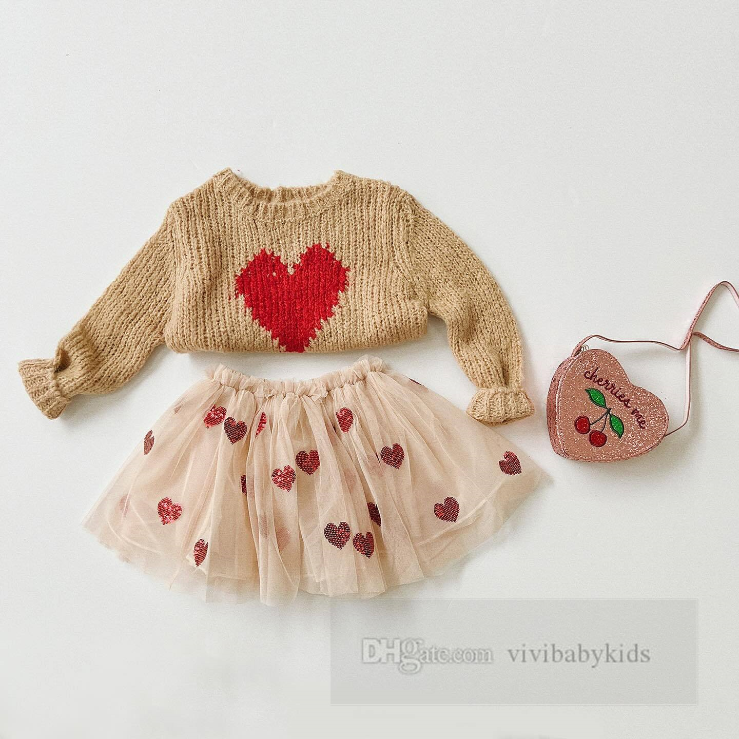 San Valentino set di vestiti bambini ragazze amano cuore maglione lavorato a maglia pullover paillettes gonna in tulle di pizzo 2 pezzi abiti da principessa bambini Z6376