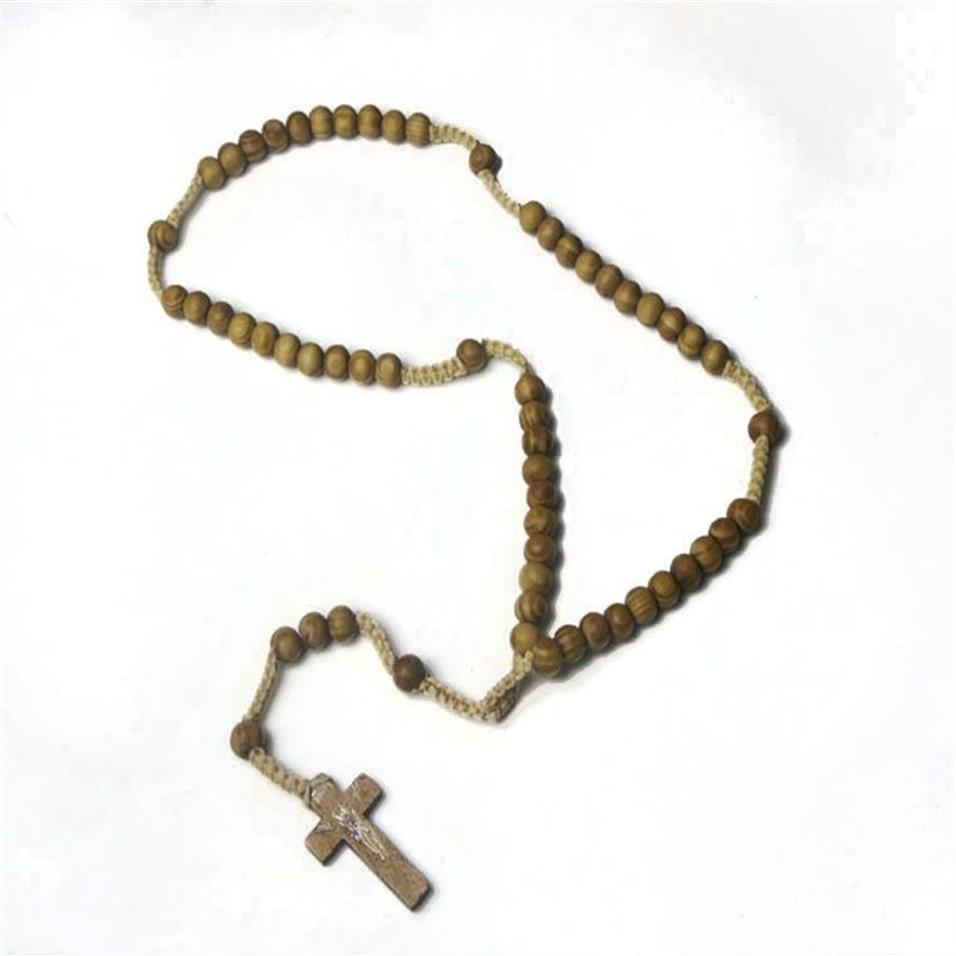 Pendentif croix en perles de bois, collier à breloques, bijoux chrétiens, chapelet religieux de jésus, perles en bois, 299W