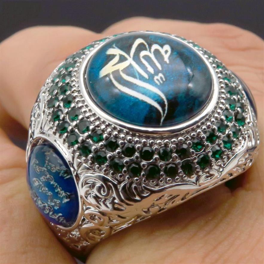 Vintage Islam Prophète Muhammad Blue Crystal Ring Punk Star Saudi Star Turkish Ottoman CZ Rings for Men Boho Muslim Jewelry1275J