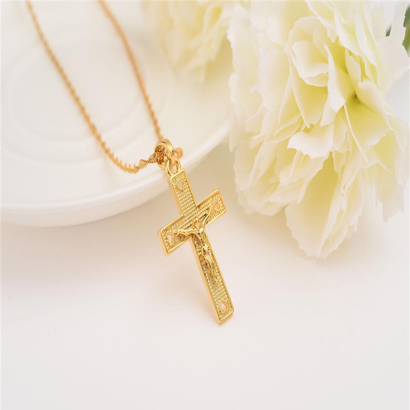 Män 24 K Solid Gold GF Cross Halsband Hela Crucifix Pendant Women Jewelry Fashion Desus Decoration Dress2008