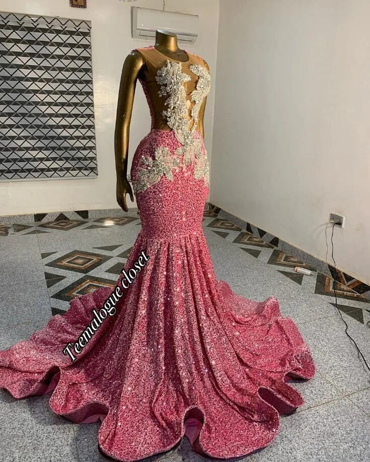 Robe de soirée longue en velours rose pour femmes, tenue formelle de luxe, diamant scintillant, perles, maille transparente, robe de bal de promo pour filles noires