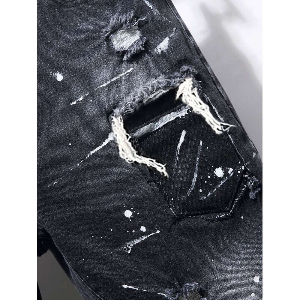 Nouveau jean déchiré décontracté pour hommes, points de peinture, éclaboussures d'encre, coton doux, étiquette en cuir à haute élasticité, pantalon Slim noir gris