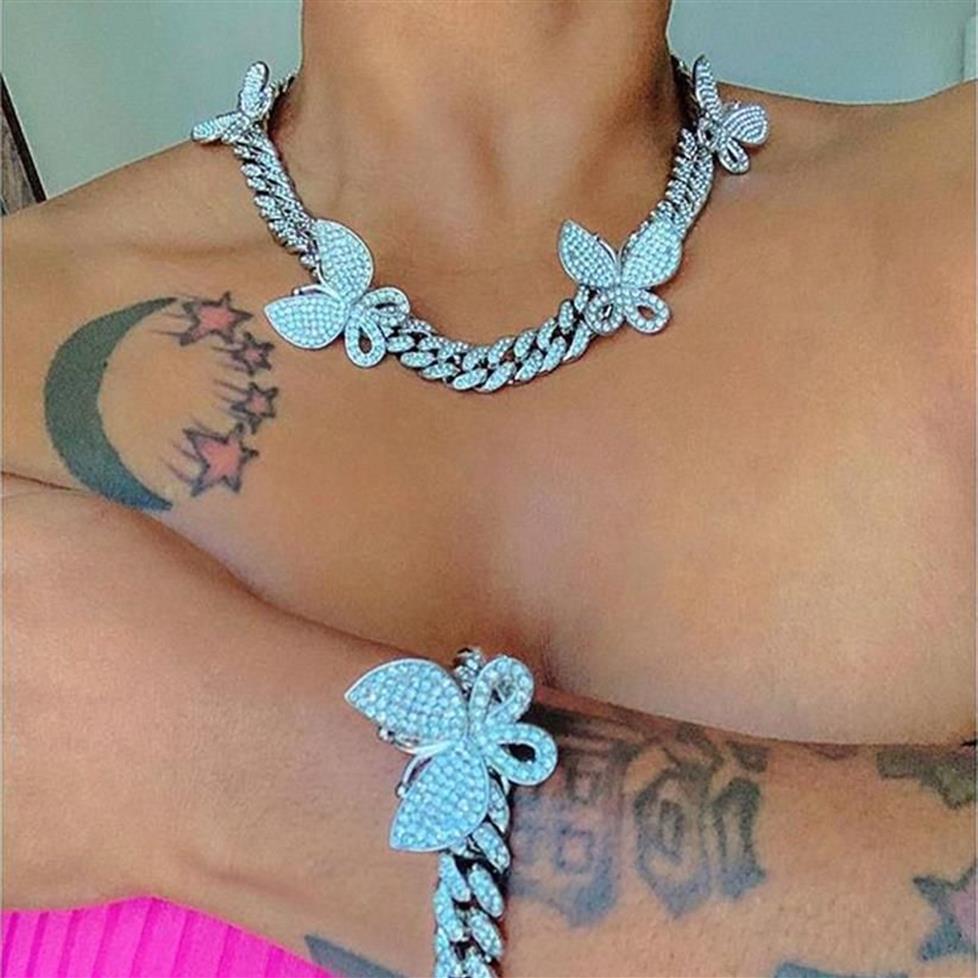 Hecho Bling Cz Miami Cuba Link Chain Butterfly Charker Collar de lujo Bling Bling Hip Hop Jewelry for Men Women Gift 092207B