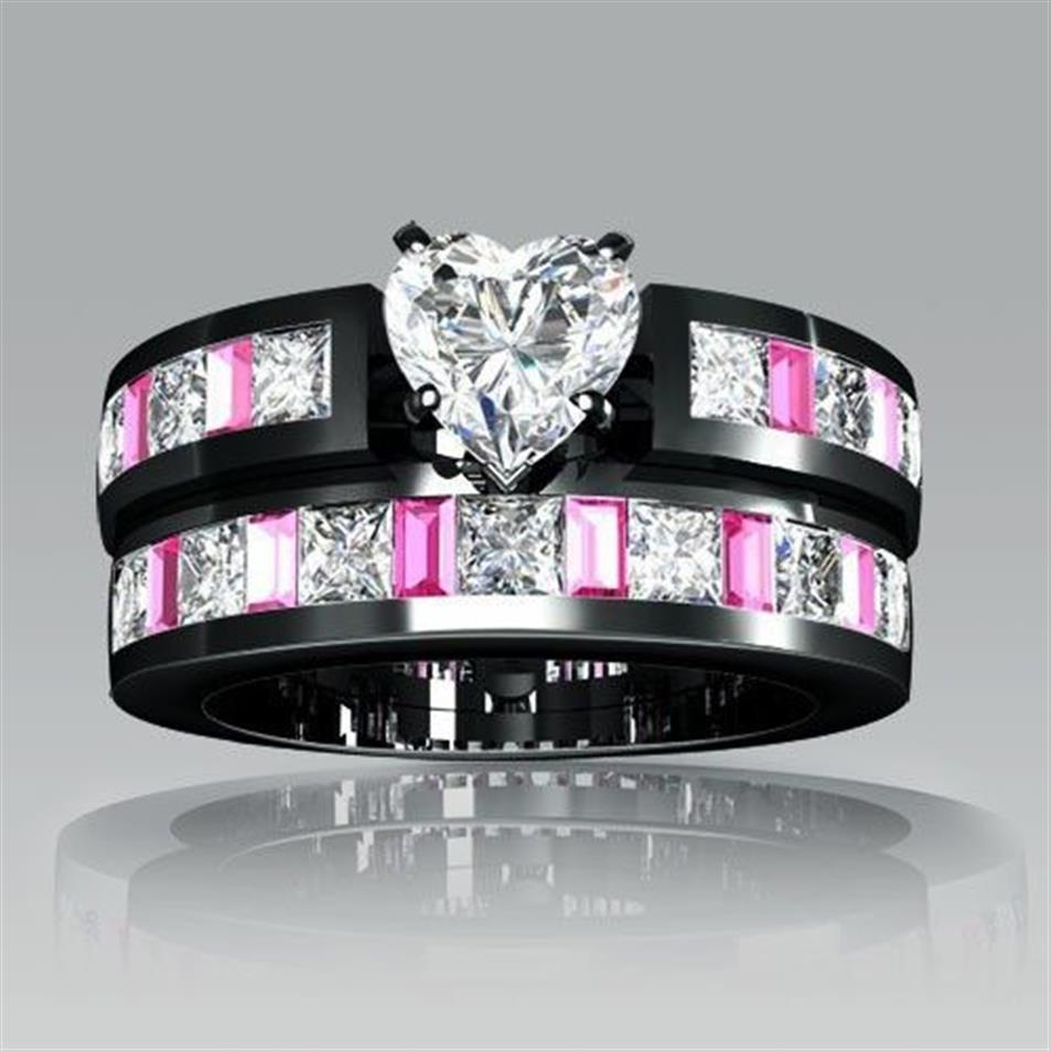 Choucong Nişan Pembe Sapphrie Diamond 10KT Siyah Altın Dolgulu 2'si 1 arada Kadın Aly Bankası Seti SZ 5-11 Hediye250y