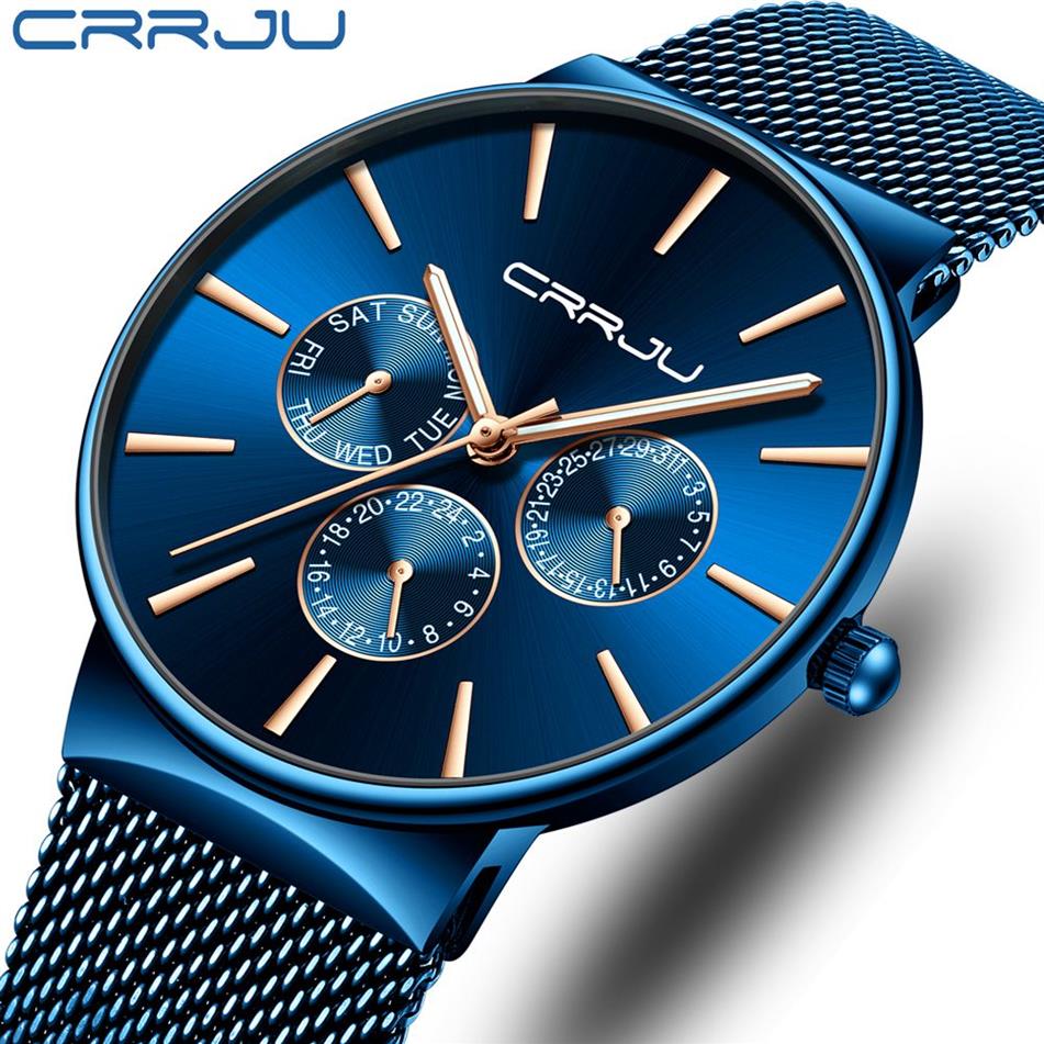 Reloj hombre crrju masculino relógios azuis cronógrafo ultra fino data moda relógio de pulso para masculino malha cinta casual quartzo clock193w