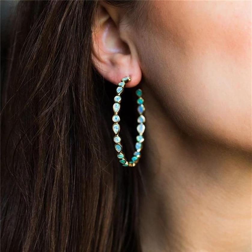 Bohemia Gold Color Large Circle C Shaped Hoop Earrings Fashion Green Blue Opal Teardrop Stone Earrings for Women304g