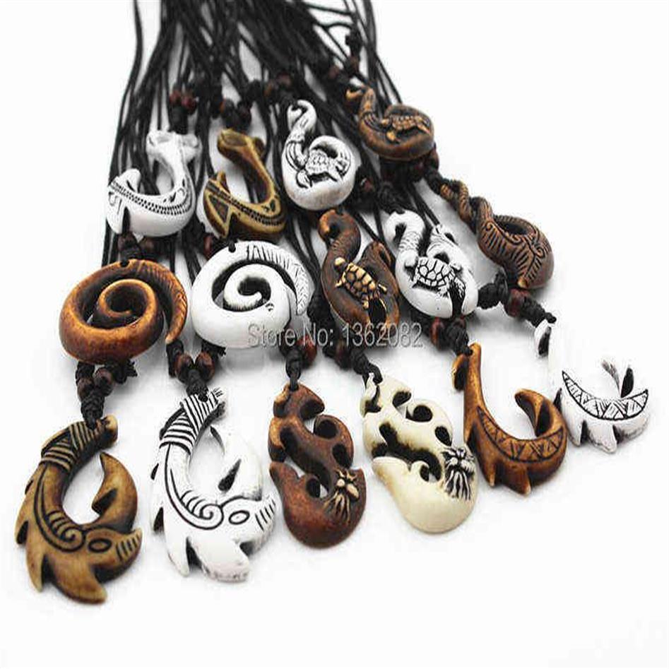 Whole Mixed Hawaiian Jewelry Imitation Bone Carved NZ Maori Fish Hook Pendant Necklace Choker Amulet Gift MN542 2201307u