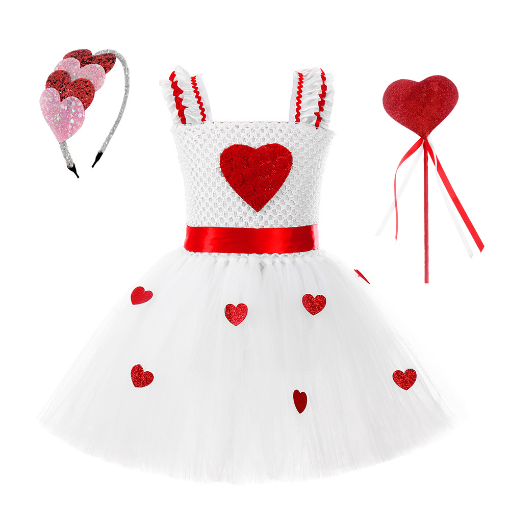 Dia dos namorados meninas amor coração rendas tule tutu vestidos crianças fita arcos plissado suspender vestido crianças roupas de festa z6371