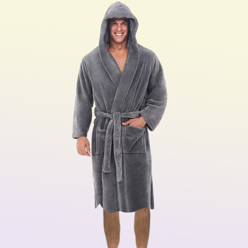 Mens Robes Men Casual Bathrobe Autumn Winter Solid Hooded Towel Soft Gown Midi Robe Nightgown Male Loose Home Wear 2208263751009