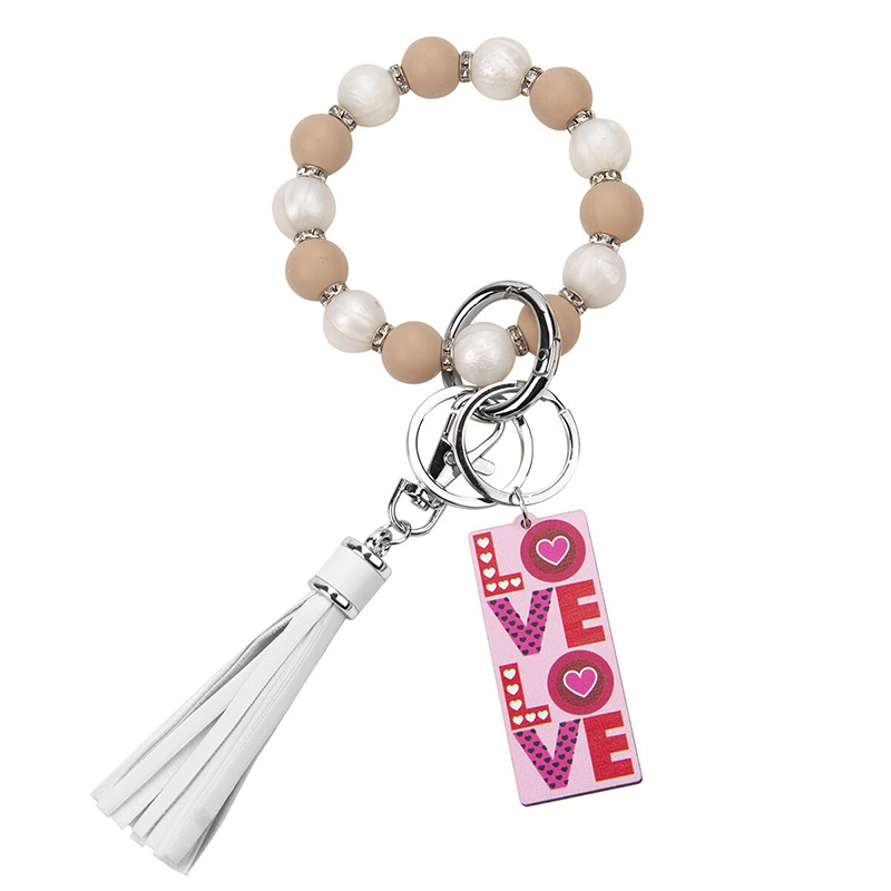 Porte-clés en perles de Silicone, Bracelet à pampilles en PU, amour, cadeau de saint-valentin, porte-clés de poignet