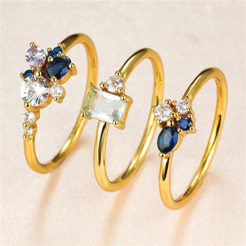 Hochzeit Ringe Niedliche Weibliche Weiß Blau Kristall Ring Set Gelbgold Farbe Für Frauen Luxus Braut Runde Quadrat Oval Engagement199b