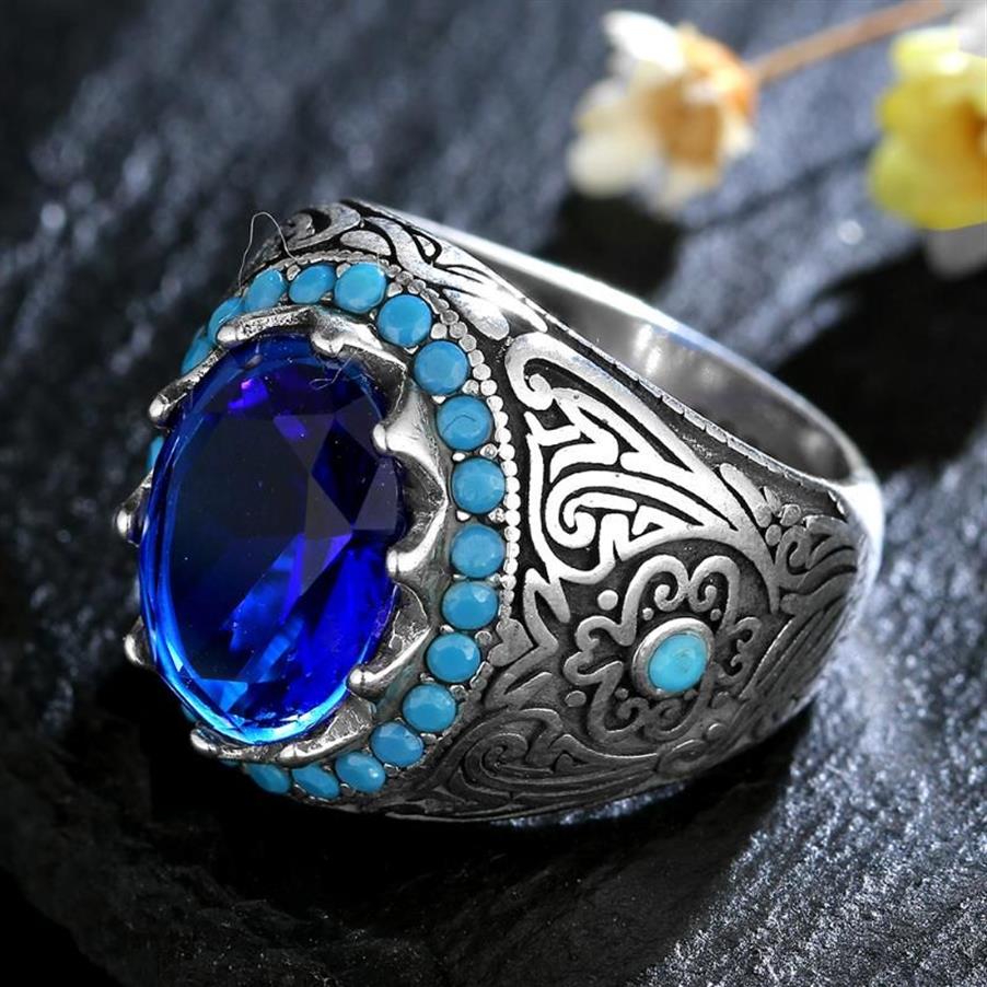 Ringos de cluster 925 Sterling Silver Ring Luxury Sapphire Blue Zircon Stone para homens Mulheres pedras finas de pedras finas do presente252y