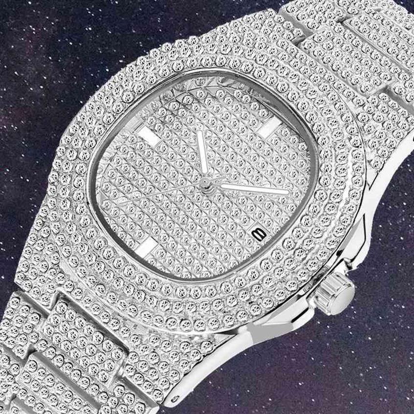 Mode Iced Out Horloge Mannen Diamant Staal Hip Hop Heren Horloges Topmerk Luxe Gouden Klok reloj hombre relogio masculino 2104072485