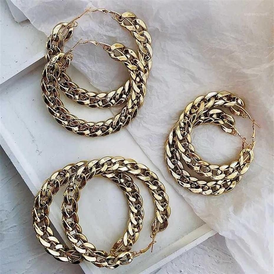 AMORCOME Punk Gold Color Chain Hoop Earrings for Women Fashion Popular Metal Circle Round Loop Earrings Statement Jewelry Gift1228N