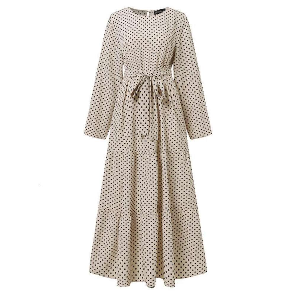 Neues muslimisches marokkanisches Polka-Dot-Kleid mit langen Ärmeln und modischem Bund, Sonnenkleid, Party-Robe