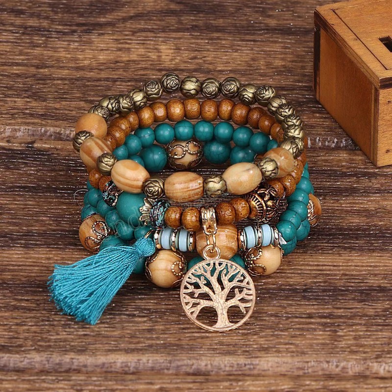 Boho Levensboom Armband Set Voor Vrouwen Mode Kwasten Charme Houten Kralen Elastische Ketting Bangle Meisje Trendy Partij Sieraden