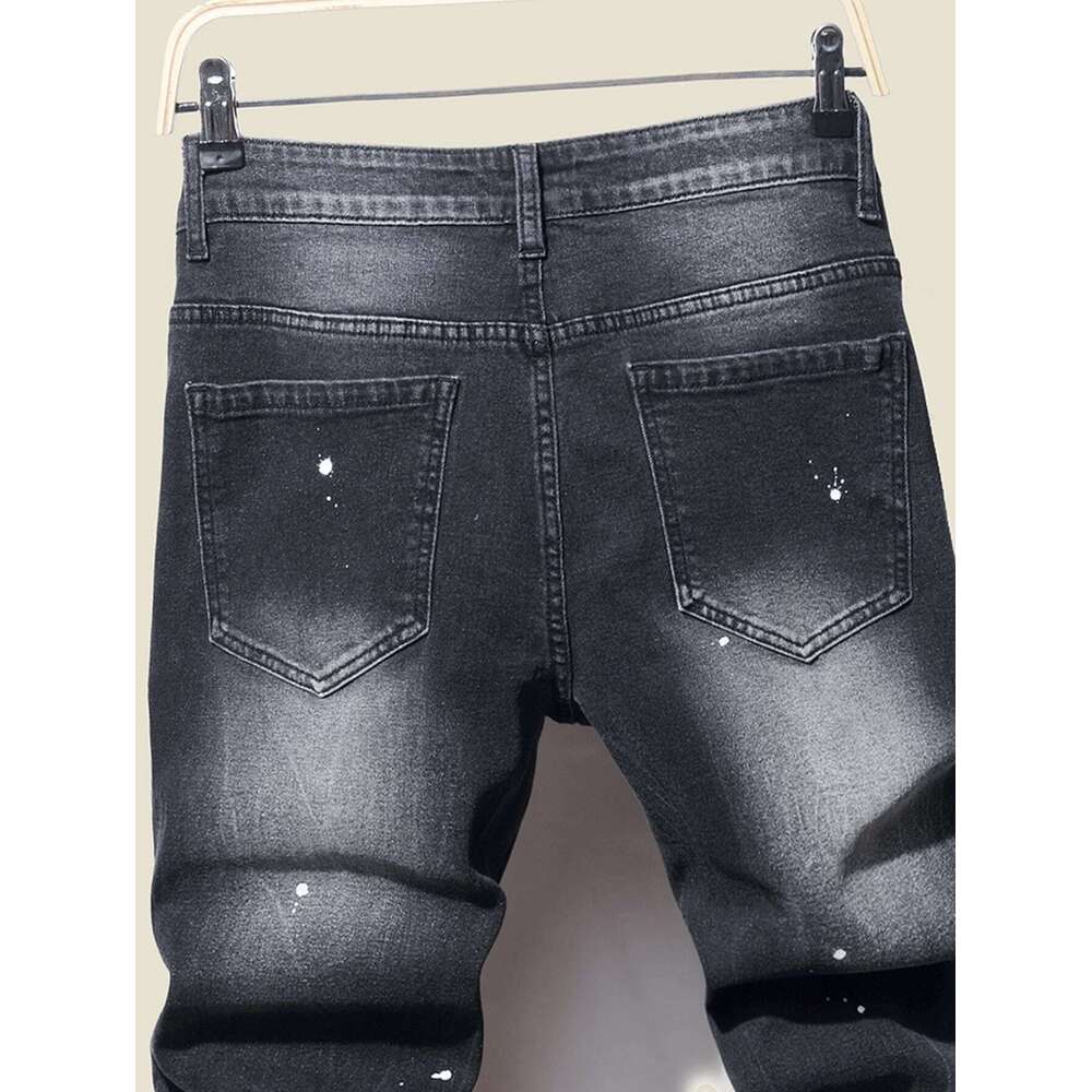 Novo casual rasgado buraco jeans para homens pontos de tinta tinta salpicada algodão macio alta elasticidade etiqueta couro preto cinza calças finas