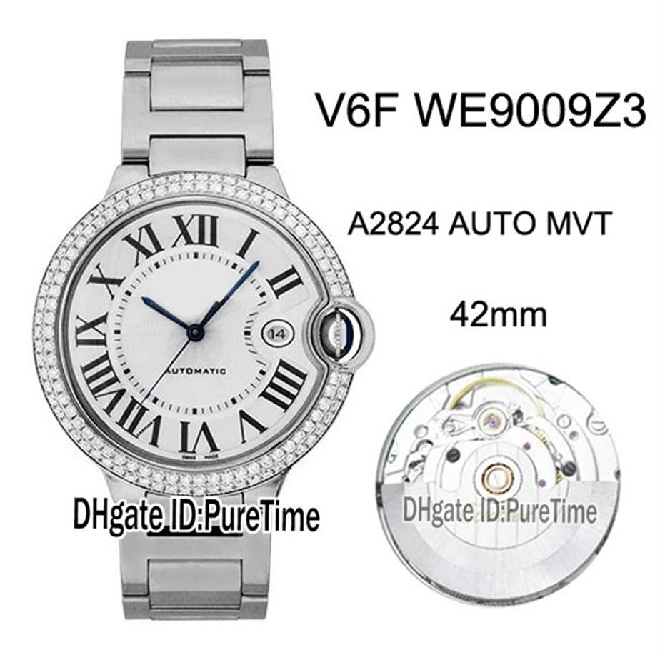 NIEUW V6F WE9009Z3 ETA A2824 Automatische heren Watch Diamant bezel Witte textureerde wijzerplaat Zwarte Romeinse Markers Steel Bracelet Edition 275y