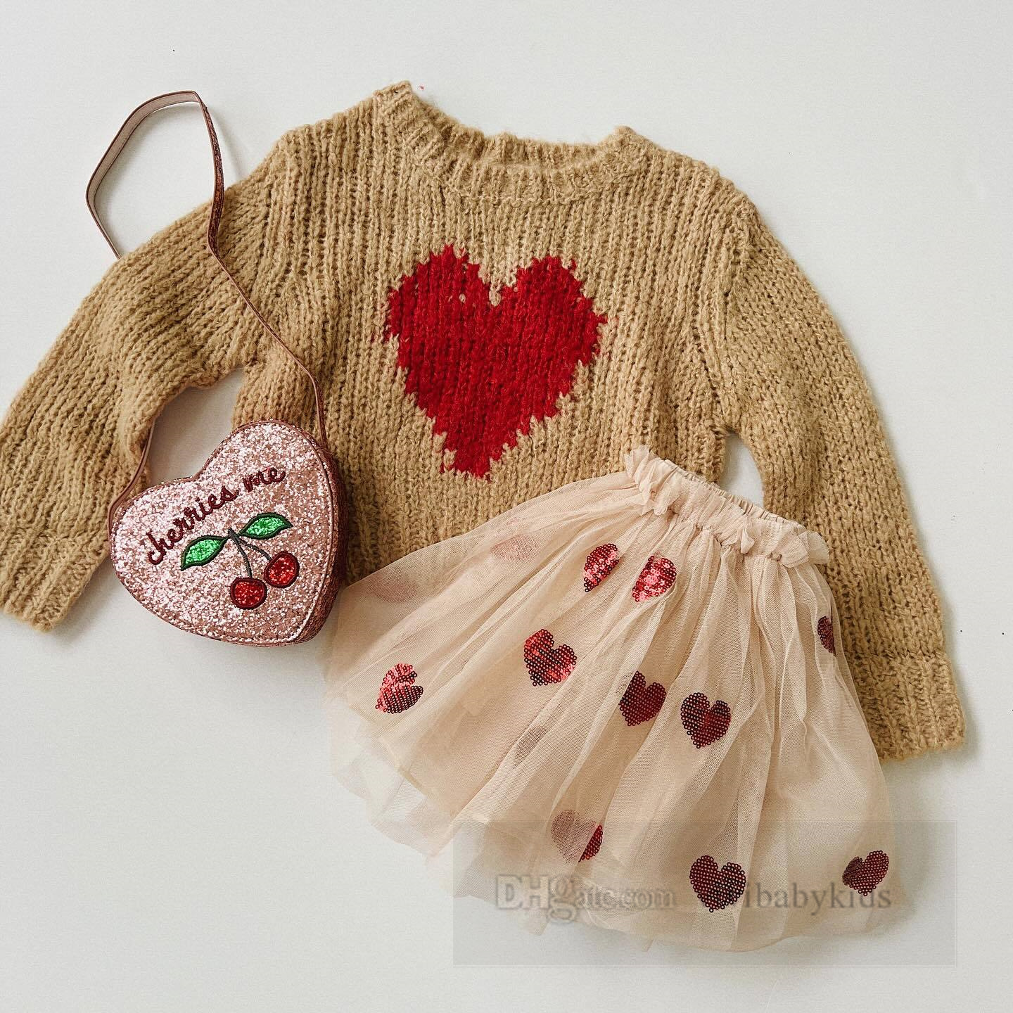 San Valentino set di vestiti bambini ragazze amano cuore maglione lavorato a maglia pullover paillettes gonna in tulle di pizzo 2 pezzi abiti da principessa bambini Z6376