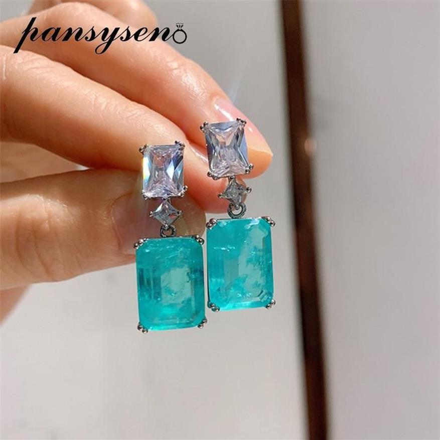 PANSYSEN – boucles d'oreilles Vintage en argent Sterling 925 véritable, Paraiba, Tourmaline, émeraude, diamant, pierres précieuses, pendantes, bijoux fins pour femmes, 246N