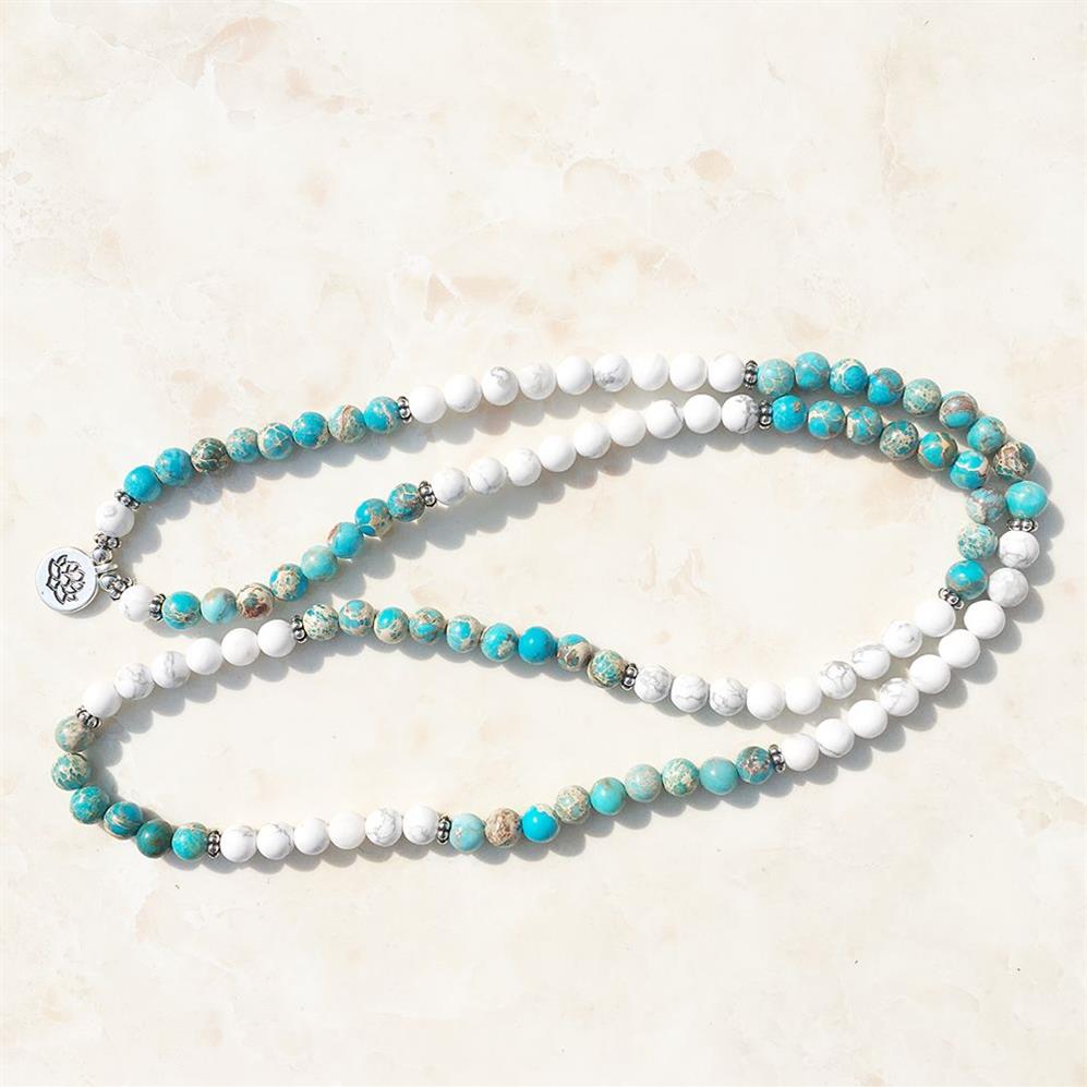 SN1101 Bracciale Howlite Jasper Mala 108 perline Bracciale avvolgente Mala o collana Reiki Rosario Preghiera Bracciale Lotus 253k