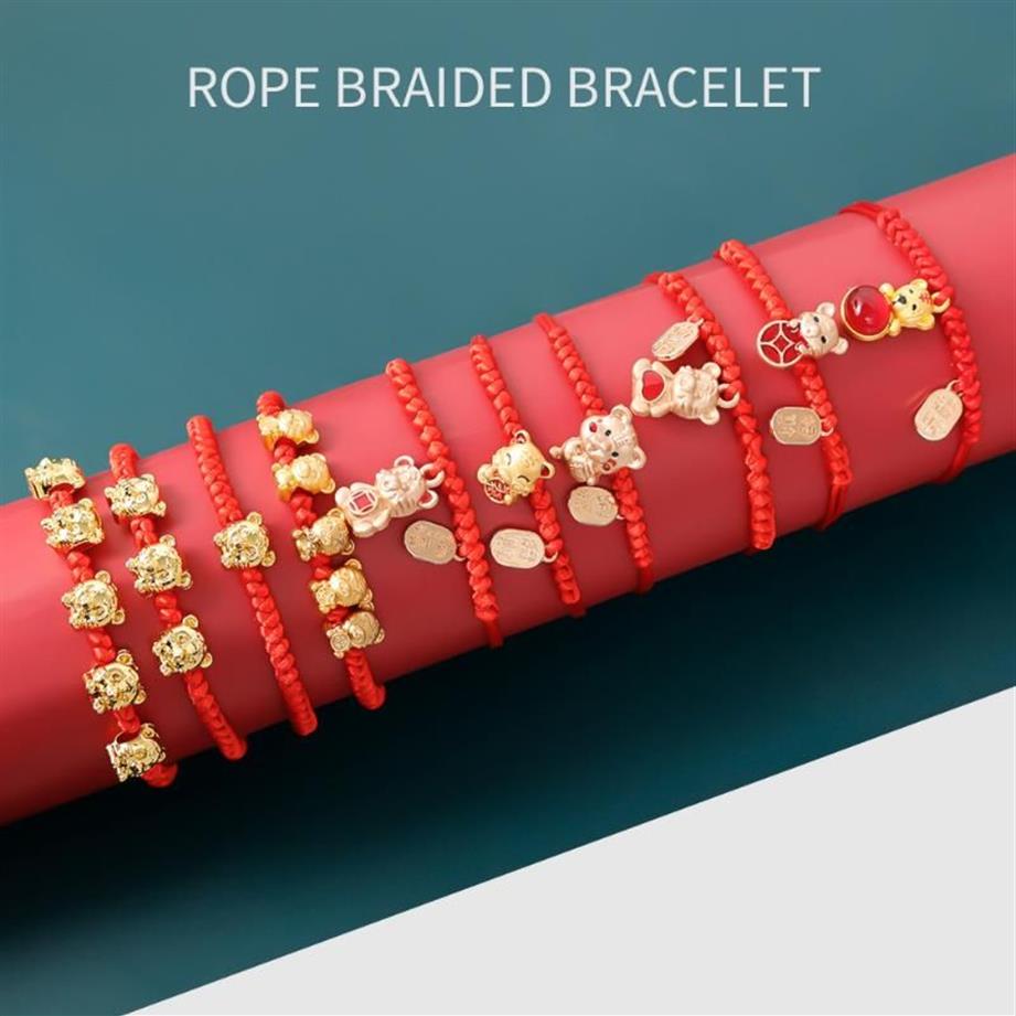 Charm Armband Mascot Five Fortunes Golden Tiger Red String Armband 2022 Chinese Year Bring Wealth Lucky Good Blessing295p