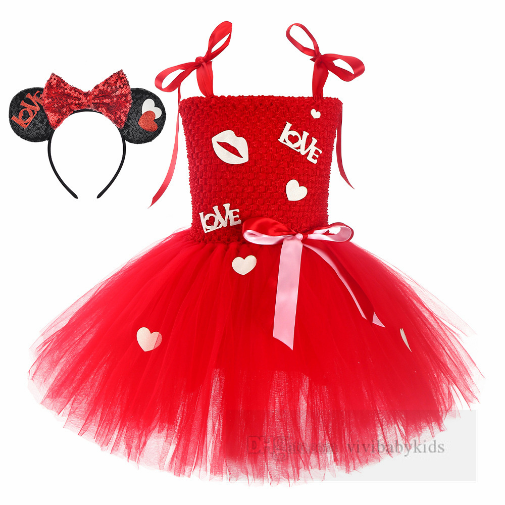 San Valentino bambini vestiti da festa ragazze amore cuore lettera labbro pizzo tulle tutu abito abito da ballo bambini garza rossa vestiti da principessa Z6360