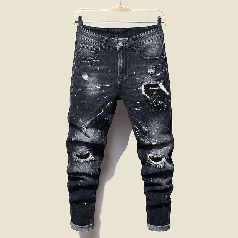 Novo casual rasgado buraco jeans para homens pontos de tinta tinta salpicada algodão macio alta elasticidade etiqueta couro preto cinza calças finas