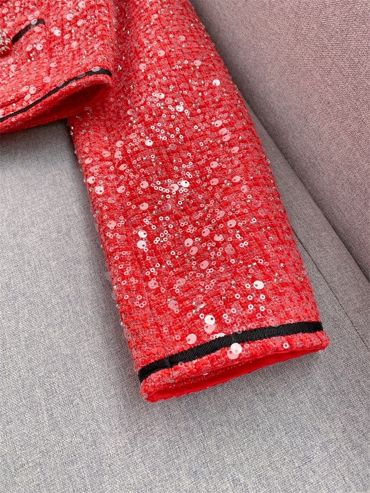 2024 Spring Red Sequins Dwuczęściowe zestawy sukienki z długim rękawem Tweed z pojedynczym płaszczem + wysokiej talii Krótka spódnica Zestaw Dwuczęściowe garnitury W3D284029