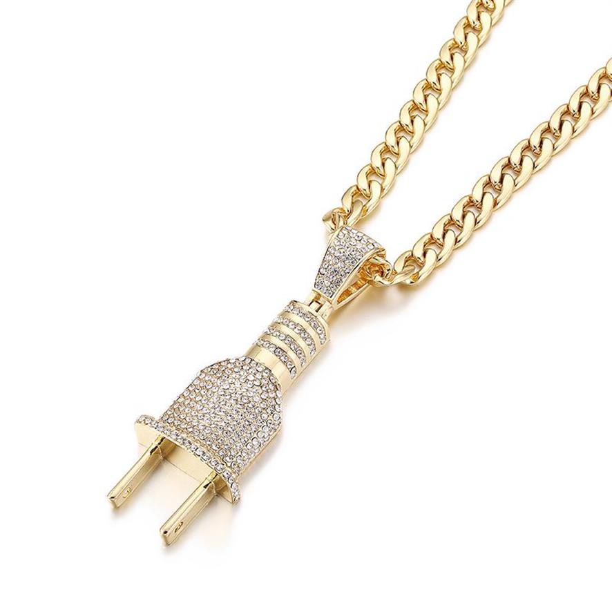 Fashion Bling Bling Electrical Plug Shape Iced Out Pendants Necklaces Charm Chains Gold Silver Color Men Women Hip Hop Jewelry254T